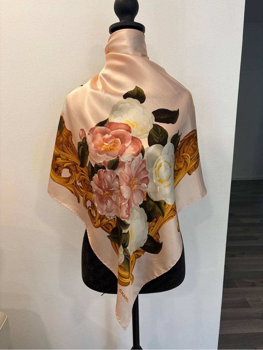 Chanel Silk Scarf Floral Camellia Pink Gold Hand Rolled